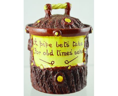 EARTHENWARE TOBACCO JAR. 5.75ins tall to top of lid, rustic tree trunk style jar. Brown glaze with A PIPE LETS TAKE/ FOR OLD 