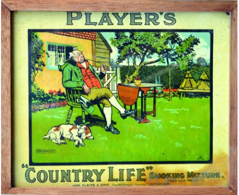PLAYERS COUNTRY LIFE FRAMED ADVERT. 13 by .ins, country gent sat smoking pipe, dog by his side in his garden pictured by H.M 