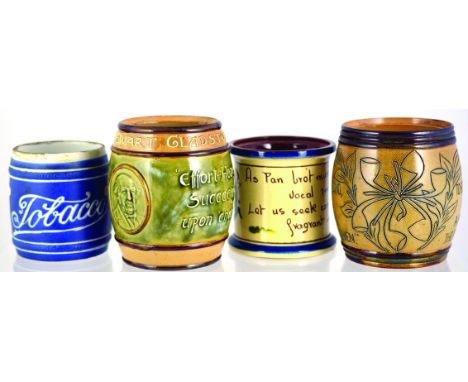 TOBACCO JARS GROUP. 2 Doulton examples William Ewart Gladstone jar, plus jar with inscription all around & scraffito to pipe 
