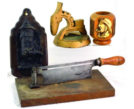 TOBACCO GUILLOTINE. On wooden base plus cast ion on wood match holder for wall hanging. Plus IRON HORSE heavy cast ashtray & 