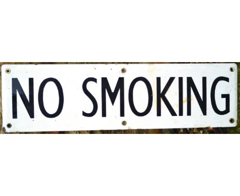 NO SMOKING ENAMEL SIGN. 18 by 5ins, NO SMOKING black lettering on white background. Good. (8/10) NR