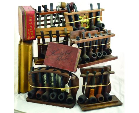 GROUP OF 6 PIPE RACKS. With pipes & 3 tobacco tins: Handy Cut Flake, State Express Cigarettes & Phillips. (9) NR