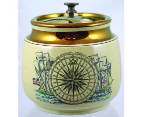 GRAYS POTTERY TOBACCO JAR. 4.75ins tall, squat shape jar, mariners compass pictured one side, sailors verse to the other, wit