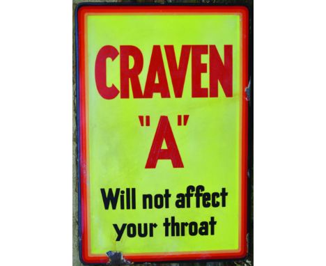 CRAVEN A ENAMEL SIGN. 30.5 by 20ins, CRAVEN/ A/ WILL NOT AFFECT/ YOUR THROAT red & black lettering on yellow background. Oute