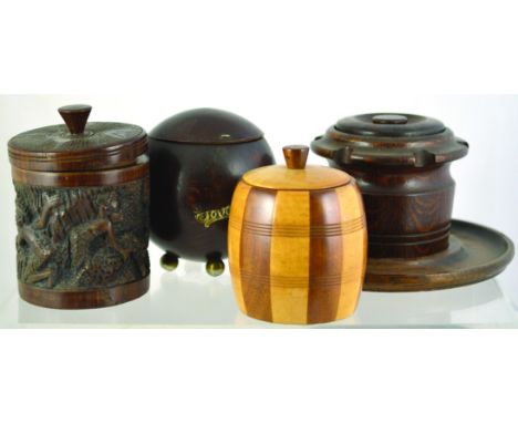 TREEN TOBACCO JAR GROUP. Oak ball shape jar with 4 chrome feet TOBACCO in metal lettering, zinc lined. Lignum Vitae African d
