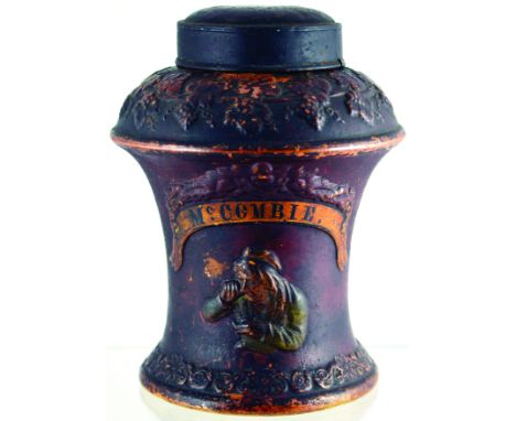 LARGE SHOP DISPLAY TOBACCO JAR. 12ins tall to top of metal lid painted tan salt glaze, raised grapes & vines below rim & arou