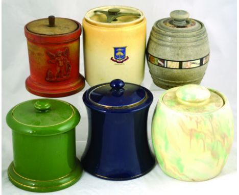 GROUP OF TOBACCO JARS. Carlton ware green glaze jar stamped TOBACCO plus Govancroft Art Deco style jar green, brown & white s