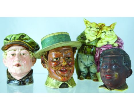 GROUP OF TOBACCO JARS. B. Bloch Honenstein head jar & hat cover Mr Tepaitz Parisian Dandy1871-1900, matt finish. Plus man smo