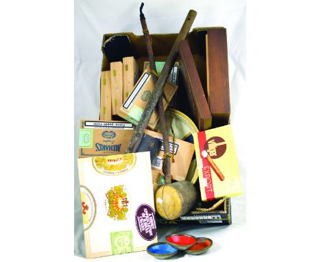MIXED GROUP. Players tin tray, wooden cigar box, large wooden pipe, tobacco cutter, cigar cartons: Meharis Cigars, Havanitos,