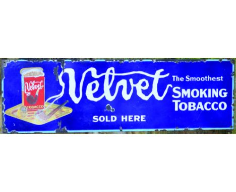 VELVET TOBACCO ENAMEL SIGN. 39 by 12ins, VELVET/ THE SMOOTHEST/ SMOKING TOBACCO SOLD HERE white lettering on dark blue backgr