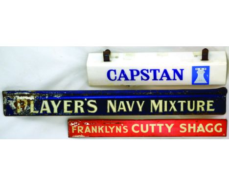 TIN SHELF EDGE ADVERTS. PLAYERS NAVY MIXTURE 19 by 2.25ins & FRANKLYNS CUTTY SHAGG 13.75 by 1.5ins plus a CAPSTAN illuminated