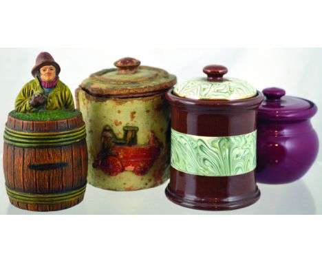 GROUP OF TOBACCO JARS. Barrel shape jar with head & shoulders fisherman to lid CLACKTON-ON-SEA. Plus stoneware jar with raise