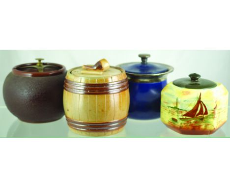 TOBACCO JARS GROUP. Brown & tan salt glaze jar barrel shape with pipe in (3) pieces to lid (cracked) c. 1910, diamond registr