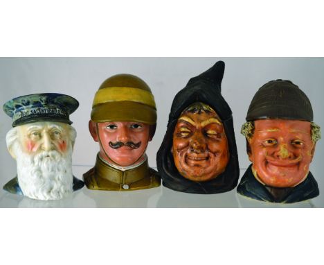 GROUP OF TOBACCO JARS. William Booth head jar & cover THE SALVATION ARMY to his hat, grey white & flesh tones glaze. Solider 