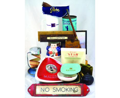 MIXED GROUP. Ashtrays & change trays, boxed pipe, (2) advertising peg boards, Bugler Tobacco tin (full), matchbox holder Silk