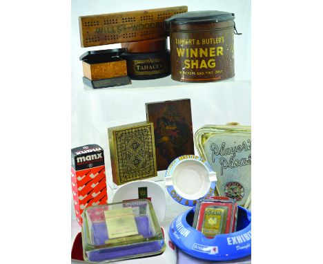 MIXED GROUP. Ashtrays, change trays, boxed pipe, advertising peg board WINNER SHAG tobacco tin, tobacco jar, match holder & c
