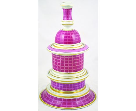 FOUR TIERED TOBACCO JAR. 15ins tall, in pink, white & gold. Top formed as a candlestick, below a tobacco jar then a spittoon.