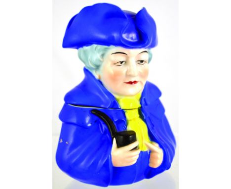 TOWN CRIER TOBACCO JAR. 7ins tall, blue tricorn hat, blue coat, yellow neck tie. Good. (8/10) NR