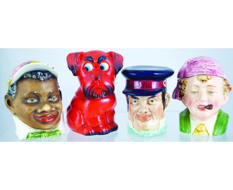 GROUP OF TOBACCO JARS. Black boy jockey jar, brown, pink, yellow, white & green glaze. Comical dog jar, red glaze, black high