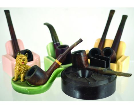 GROUP OF PIPE RESTS. Ceramic sofa, 2 armchairs, terrier dog & Bakelite ashtray/ pipe rest. (5) NR