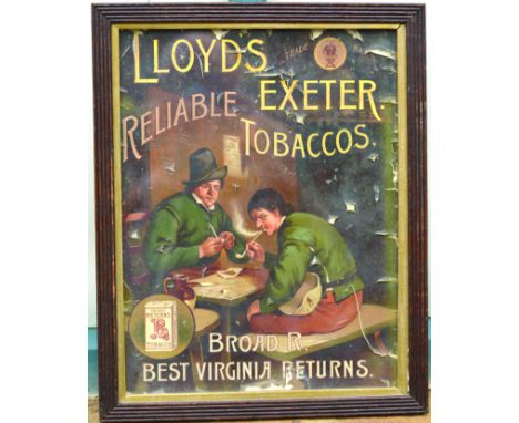 LLOYDS EXETER TOBACCOS MULTICOLOURED FRAMED SHOWCARD. 15.5 by 12.5ins, 2 men smoking clay pipes sat at table pictured LLOYDS 