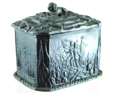 LEAD TOBACCO JAR. 5.5ins tall to top of lid, Rectangular with lion finial, engraved INKERMAN ALMA SEBASTOPOL & BALAKLAVA with