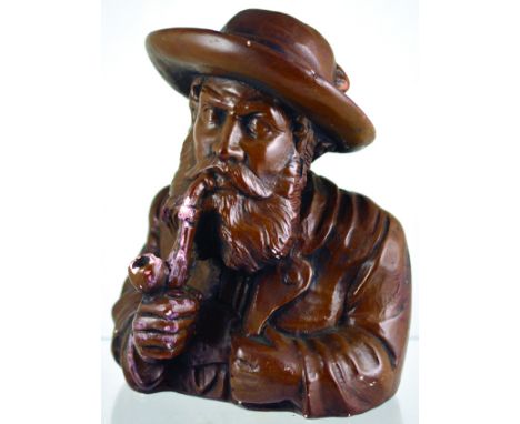 HEAVY BROWN SCULPTED BUST Austrian looking bearded gent smoking pipe, plaster of paris, 9ins tall. Some paint loss. NR