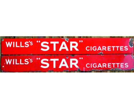 PAIR OF WILLS ENAMEL SIGNS. 4ft long, 6ins wide, WILLS S STAR CIGARETTES white lettering on red. Outer edge chips & rust etc.
