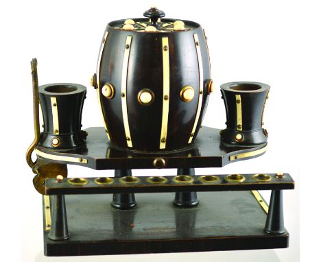 EBONY & IVORY STYLE COMPANION. Tobacco jar 8ins tall, matcholder, pipe rack & cigar cutter. Impressive! Very good. (8/10) NR