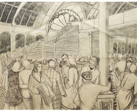 Attrib. Sir Stanley Spencer (British 1891-1959): A Bustling London Train Station, pen and pencil sketch faintly signed, circa