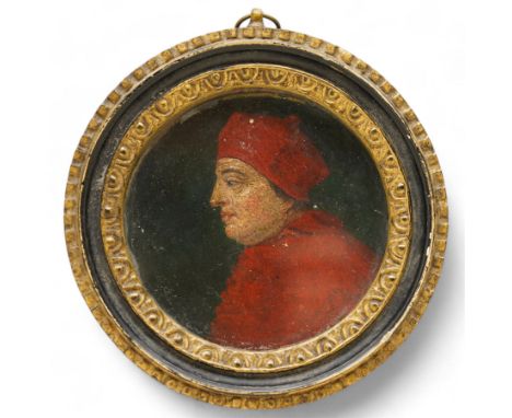 After Hans Holbein the Younger (German c.1497-1543): Portrait of 'Cardinal Thomas Wolsey', circular oil on metal panel inscri