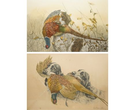 Léon Danchin (French 1887-1938): Spaniel's Hunting Pheasants, two colour aquatint etchings signed in pencil max 45cm x 65cm (