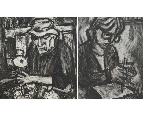 Barry De More (Yorkshire 1948-2023): 'Sculptor with Chisel' and 'Sculptor with Mallet', pair charcoal signed and titled verso
