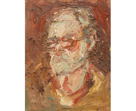 Barry De More (Yorkshire 1948-2023): 'Self Portrait with Glasses', oil and impasto on board signed and titled, inscribed and 