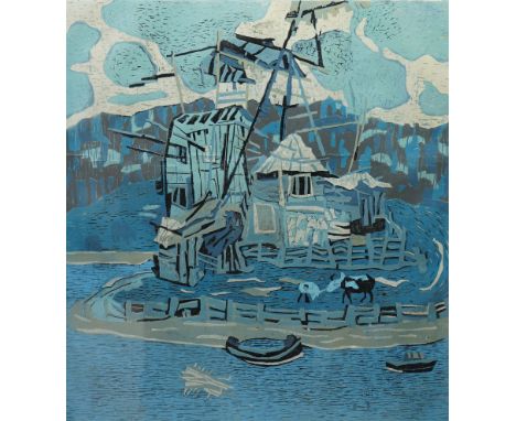 Shiwei Zhu (Chinese 20th century): 'Lakeside', limited edition colour woodblock etching signed inscribed and dated 1995 in pe