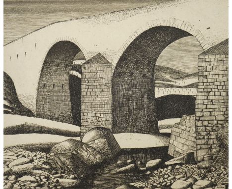 Frederick George Austin (British 1902-1990): 'The Bridge over the Chiascio Assisi - 1928', limited edition drypoint etching s