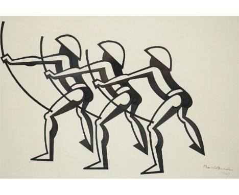 Pearl Binder (British 1904-1990): 'Three Archers', ink illustration signed and dated 1927, titled verso 22cm x 32cm Notes: Us