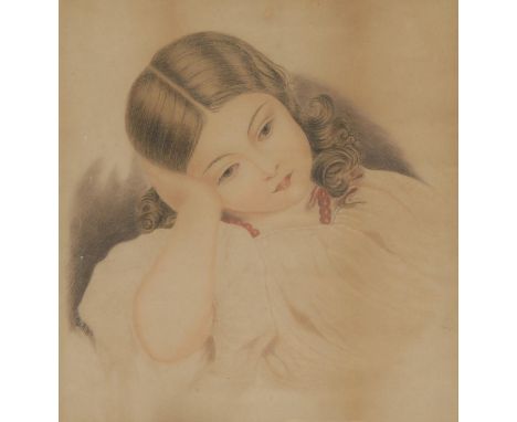 English School (19th century) Young Girl Deep in Thoughtpencil sketch, 35cm x 33cm,  maple frame 