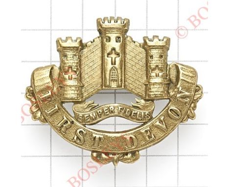 First Devon Militia Victorian OR’s glengarry badge circa 1890.Die-stamped brass Exeter Castle on “Semper Fidelis” scroll rest