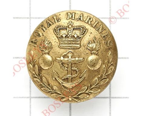 Royal Marines Artillery Victorian brass open-back coatee button.Crowned fouled anchor flamed by flaming grenades resting in l