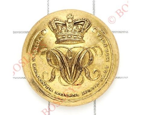 South America. Prince Regents Royal Honduras Militia Victorian Officer’s closed-back gilt coatee button.Within French scroll 