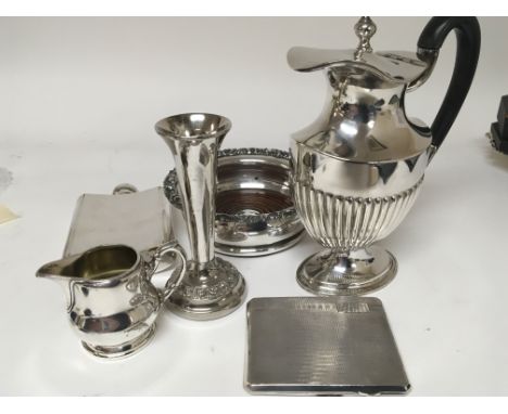 A silver cigarette case Birmingham hallmarks weight 150g and a quantity of silver plate including a 19th century wine coaster