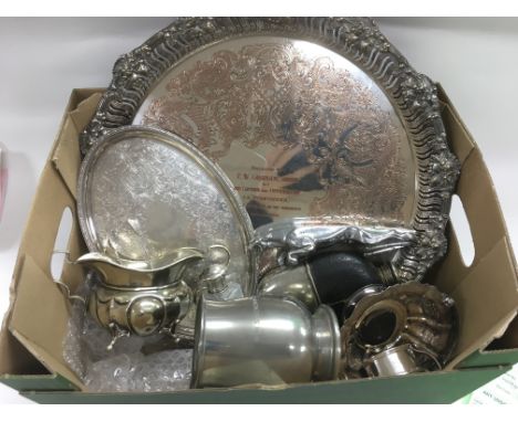 A box of silver plated items, some of naval interest, a Jaguar car mascot etc.