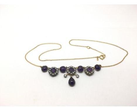 A yellow metal necklace set with amethyst, pearl and diamonds.