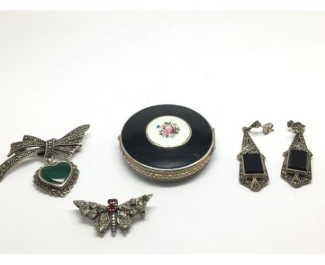 A Vintage quality silver and enamel ladies compact a gem set silver butterfly brooch Art Deco earrings and a brooch (a lot)