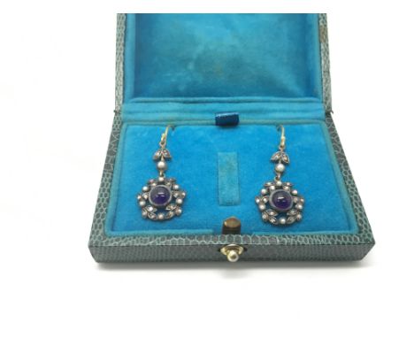 A pair of Victorian style cabochon amethyst, diamonds and seed pearl drop earrings, amethyst approx 1.4ct, diamonds approx 0.
