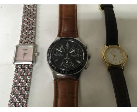 A Gents Chronograph Chrome and black enamel Swatch watch a designer ladies Rotary watch and an Avia watch (3)