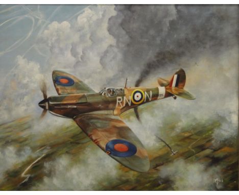 M COOK, Spitfire Winning a Dog Fight, oil on canvas, framed. 50 x 40 cm.