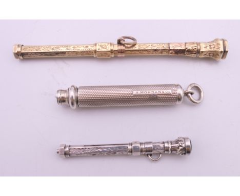 Two silver propelling pencils and an unmarked gold propelling pencil. The latter 9 cm long and the latter 10 grammes total we