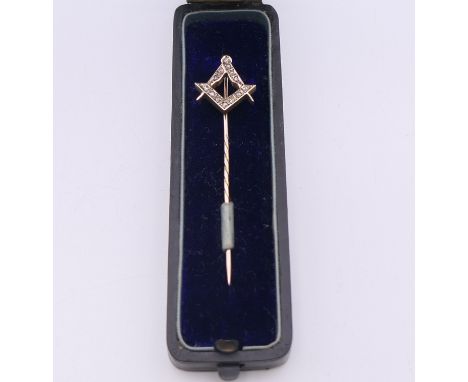 A Victorian Masonic rose cut diamond stick pin, boxed. 1.5 cm wide. 